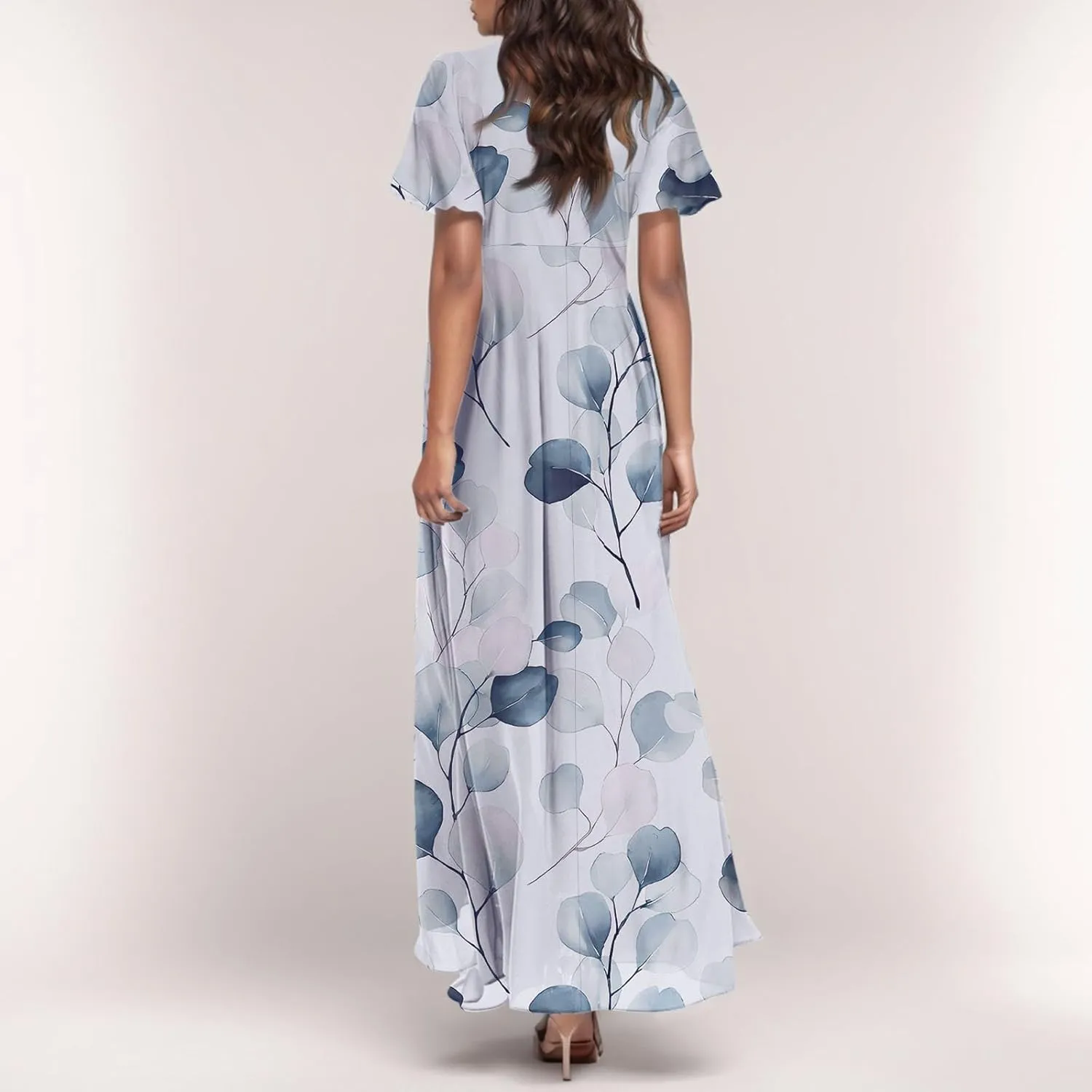 TWGONE Maxi Dresses for Women 2025 Summer Casual Trendy Floral Boho Dress V Neck Short Sleeve Chiffon Flowy Beach Dresses