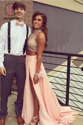 Two Pieces Pink Prom Dresses,Beading Formal Dresses,Taffeta Graduation Dresses KPP0146