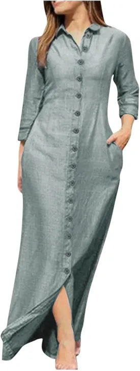 Women Casual Button Shirt Dress Long Sleeve Maxi Blouse Dresses Lapel Flowy Summer Beach Long Dress with Pockets