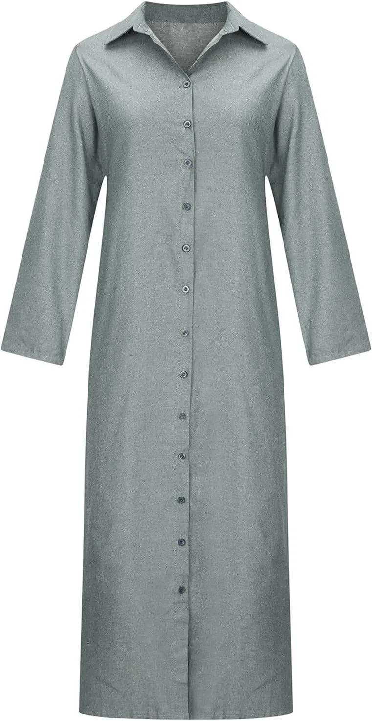 Women Casual Button Shirt Dress Long Sleeve Maxi Blouse Dresses Lapel Flowy Summer Beach Long Dress with Pockets