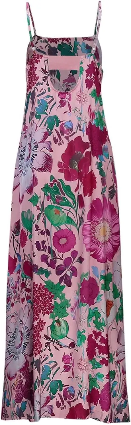 Women Floral Maxi Dress Sexy Sleeveless Backless Summer Flowy Long Dress Spaghetti Strap A-Line Back Cut Out Sundress