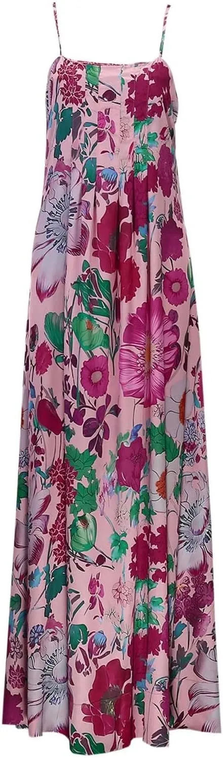 Women Floral Maxi Dress Sexy Sleeveless Backless Summer Flowy Long Dress Spaghetti Strap A-Line Back Cut Out Sundress