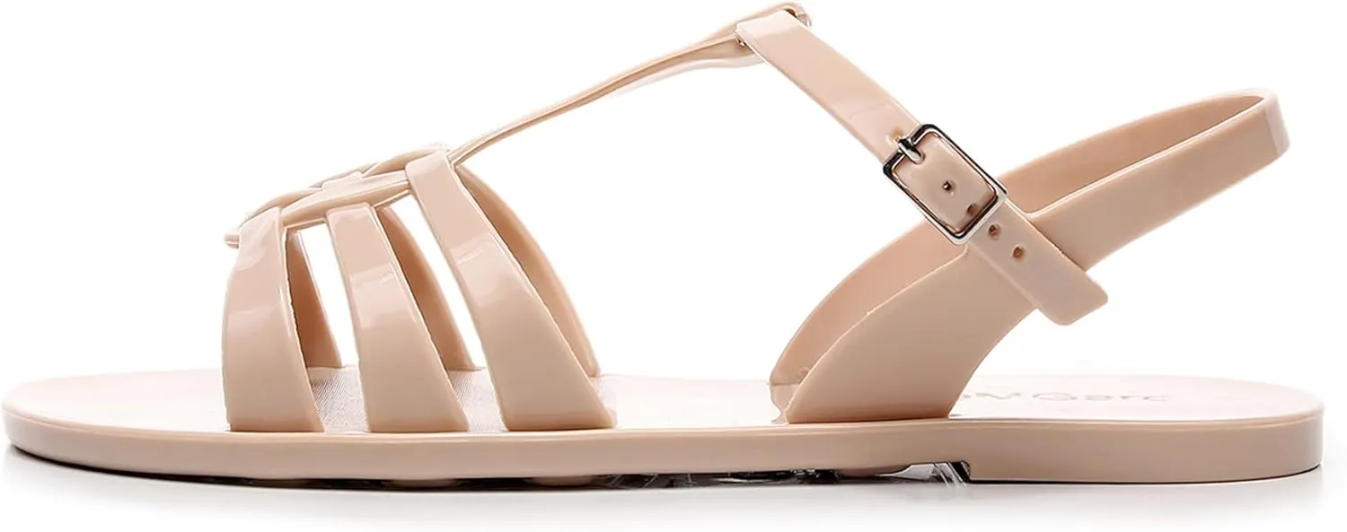 Women Sandals Jelly Shoes Flats Size 9 Beige T-Strap Crystal Jellies Slides Clear Rain Slippers Glitter Summer Beach Retro