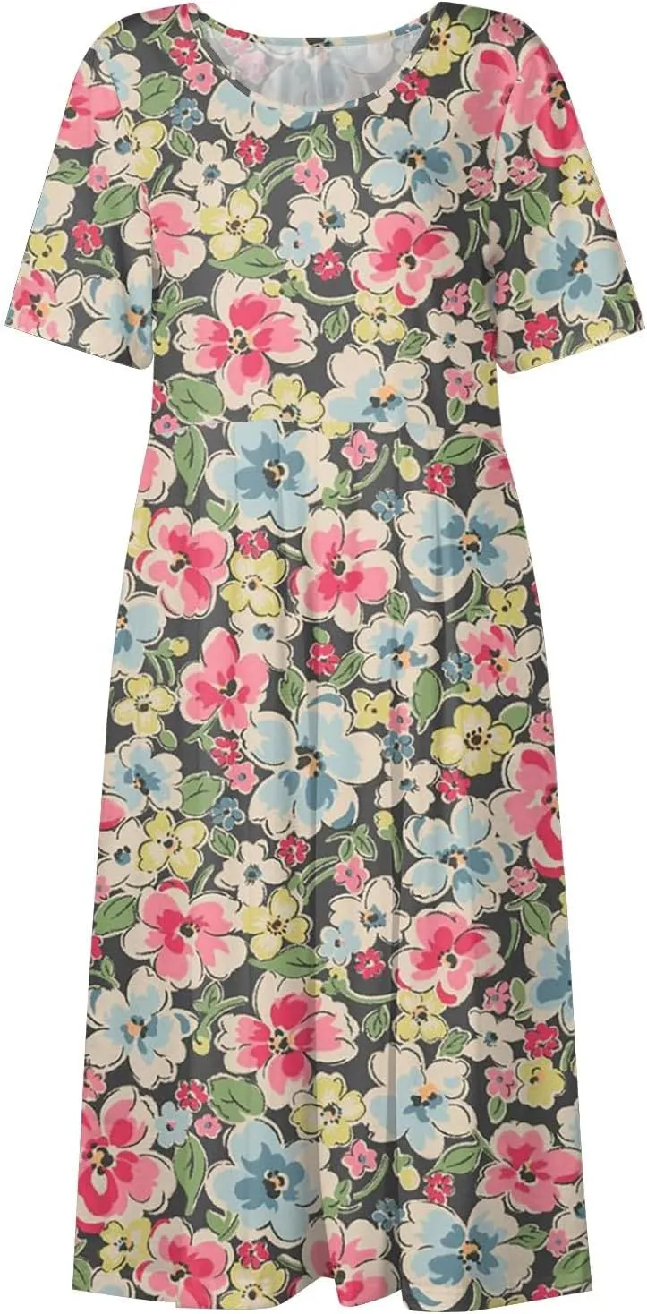 Women Summer Casual Dress Loose A-Line Floral T-Shirt Soft Floral Cotton Dress Short Sleeve Beach Sundress with Pockets