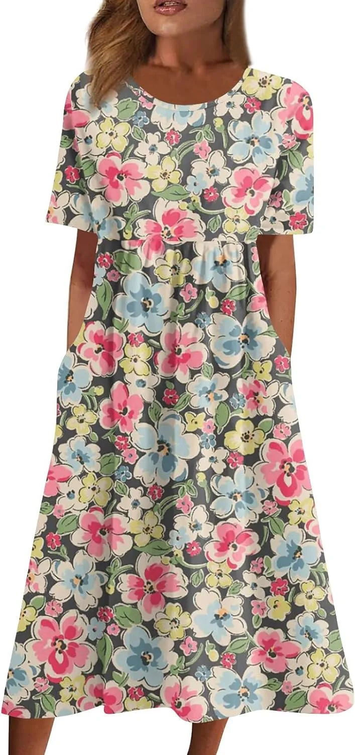 Women Summer Casual Dress Loose A-Line Floral T-Shirt Soft Floral Cotton Dress Short Sleeve Beach Sundress with Pockets