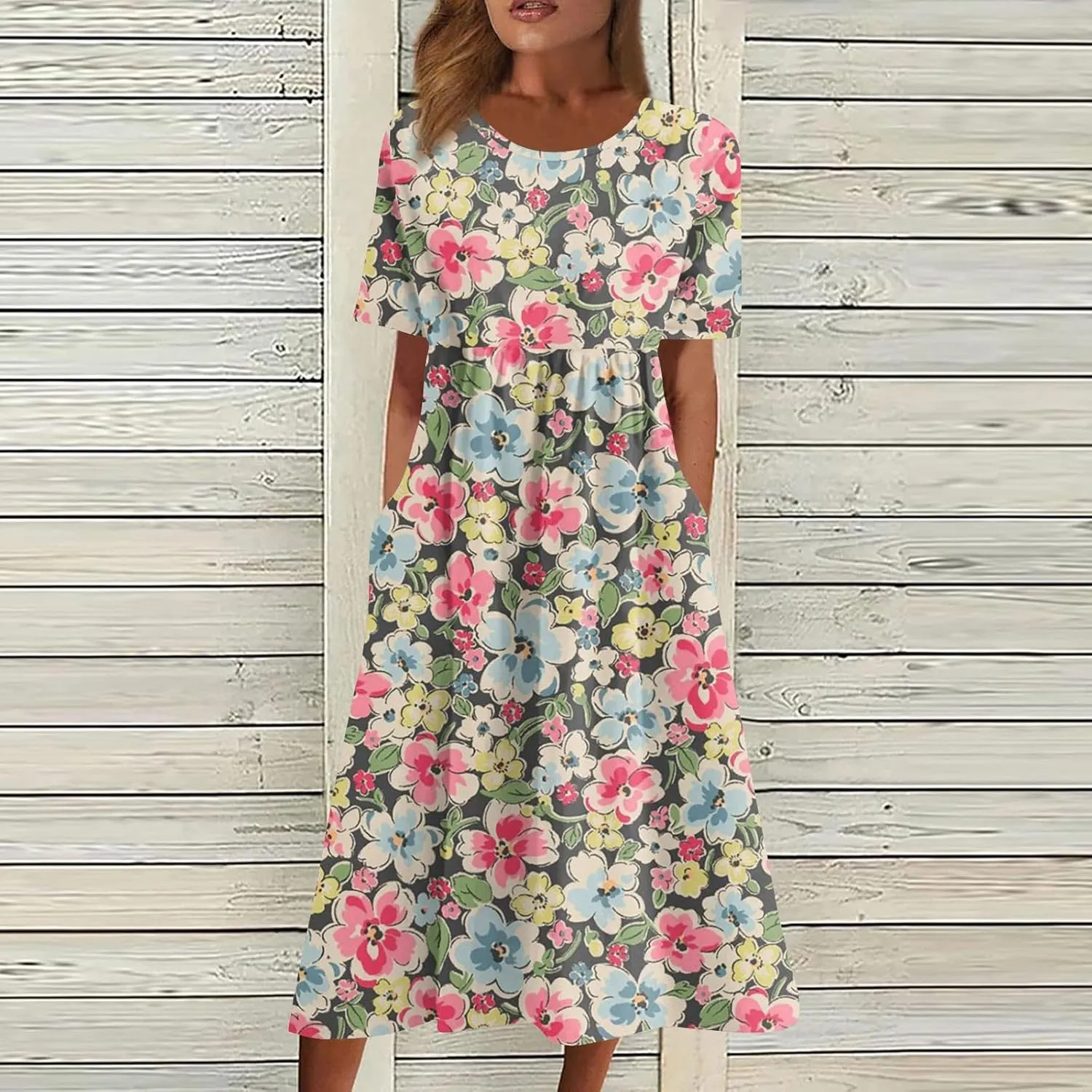 Women Summer Casual Dress Loose A-Line Floral T-Shirt Soft Floral Cotton Dress Short Sleeve Beach Sundress with Pockets