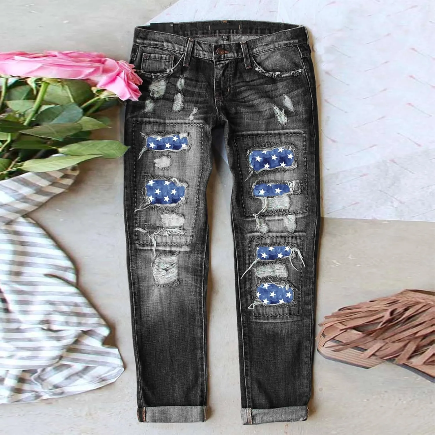 Women Vintage Floral Print High Waist Distressed Straight Leg Jean Loose Baggy Boyfriend Ripped Flower Denim Pant