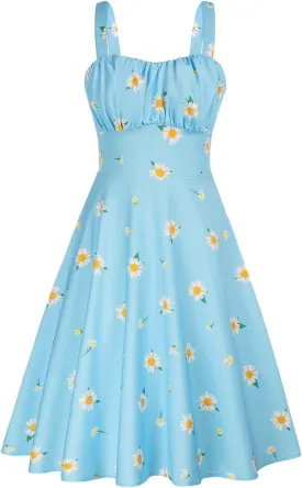Women Vintage Sleeveless Solid Floral Ruched Summer Cute A-Line Flowy Swing Midi Dress Beach Dresses
