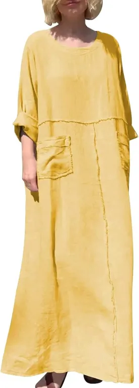 Women's Crew Neck Solid Color Mid Long Sleeve Dress Cotton and Linen Dress Long Sleeve Dress Casual