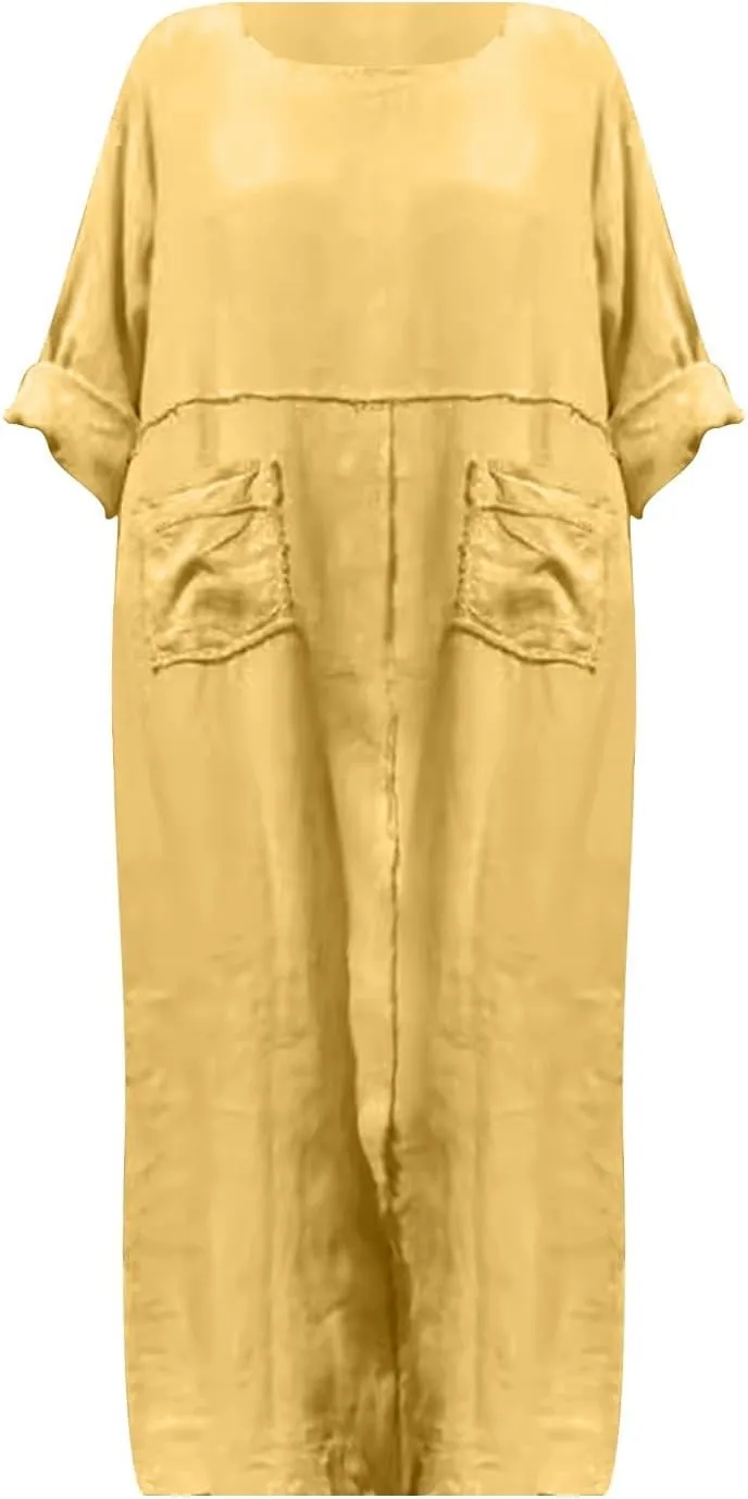 Women's Crew Neck Solid Color Mid Long Sleeve Dress Cotton and Linen Dress Long Sleeve Dress Casual