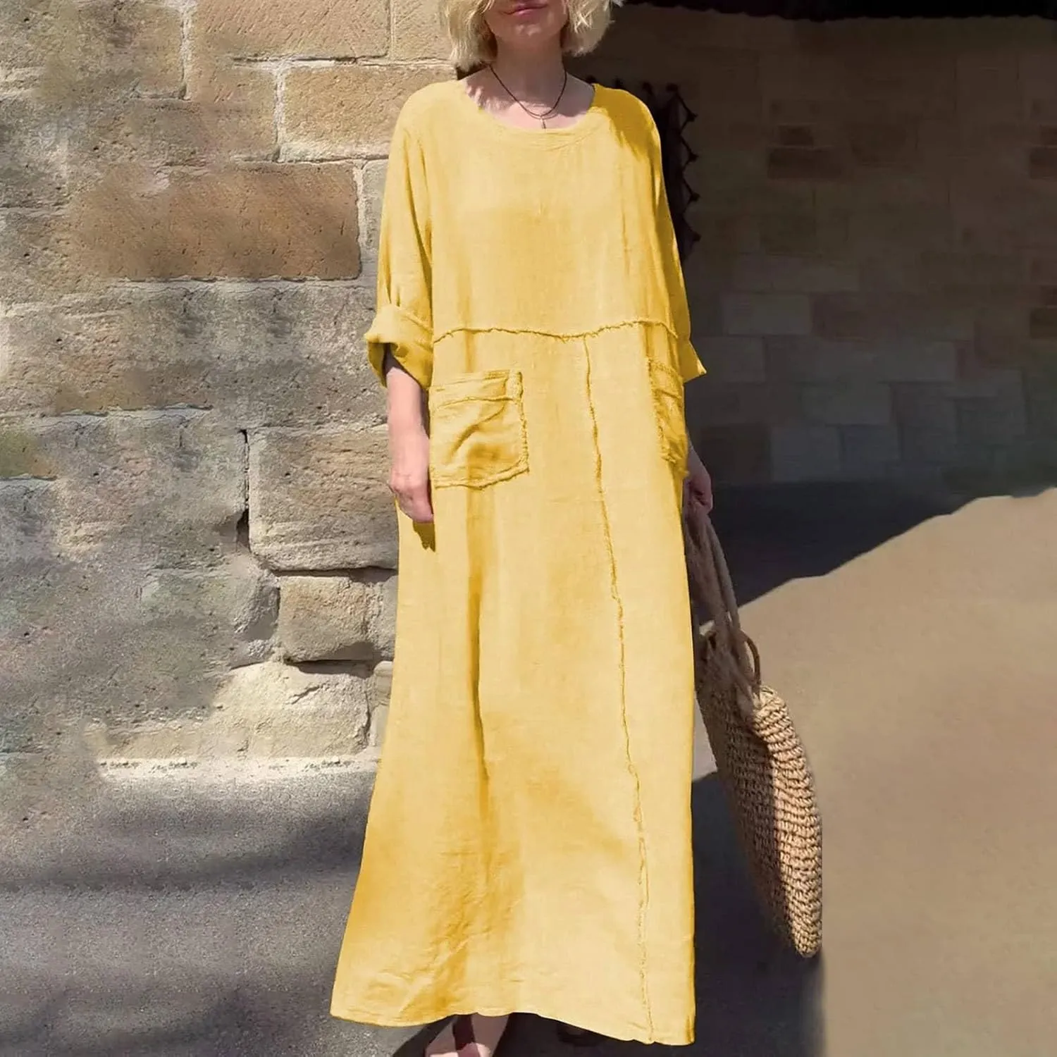 Women's Crew Neck Solid Color Mid Long Sleeve Dress Cotton and Linen Dress Long Sleeve Dress Casual