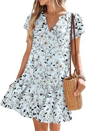 Women's Floral Print V-Neck Short Sleeve 2025 Beach Dress Flowy Relaxed Fit Boho Style Chic Sundress