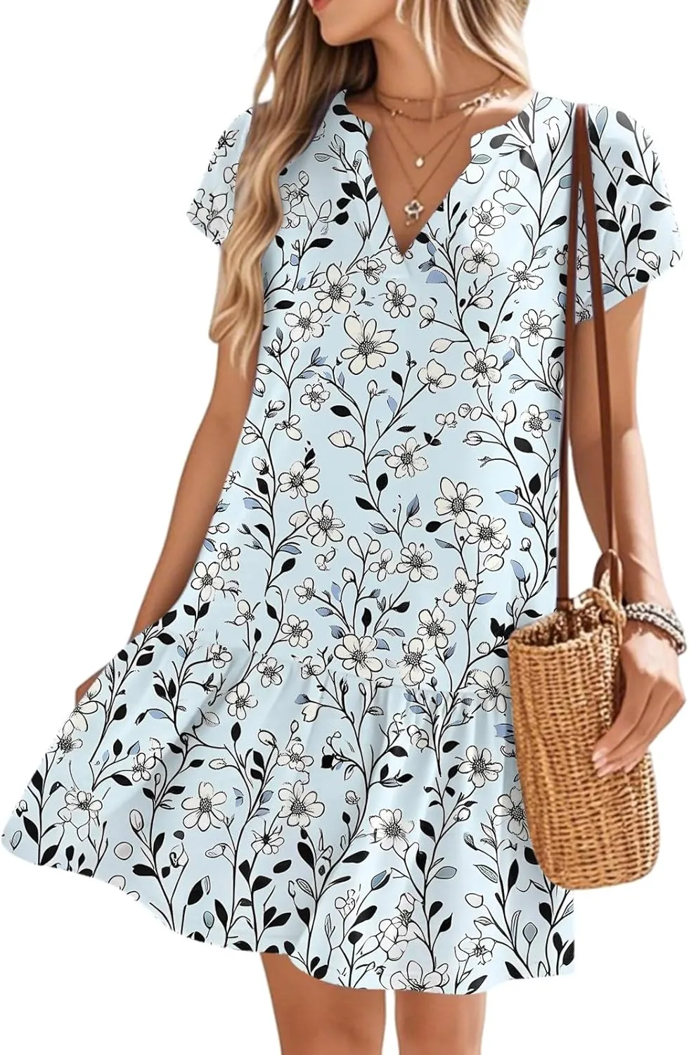 Women's Floral Print V-Neck Short Sleeve 2025 Beach Dress Flowy Relaxed Fit Boho Style Chic Sundress