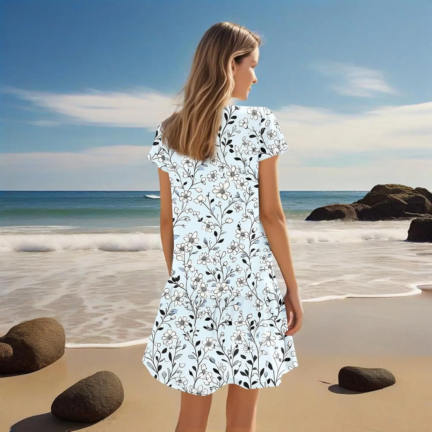 Women's Floral Print V-Neck Short Sleeve 2025 Beach Dress Flowy Relaxed Fit Boho Style Chic Sundress