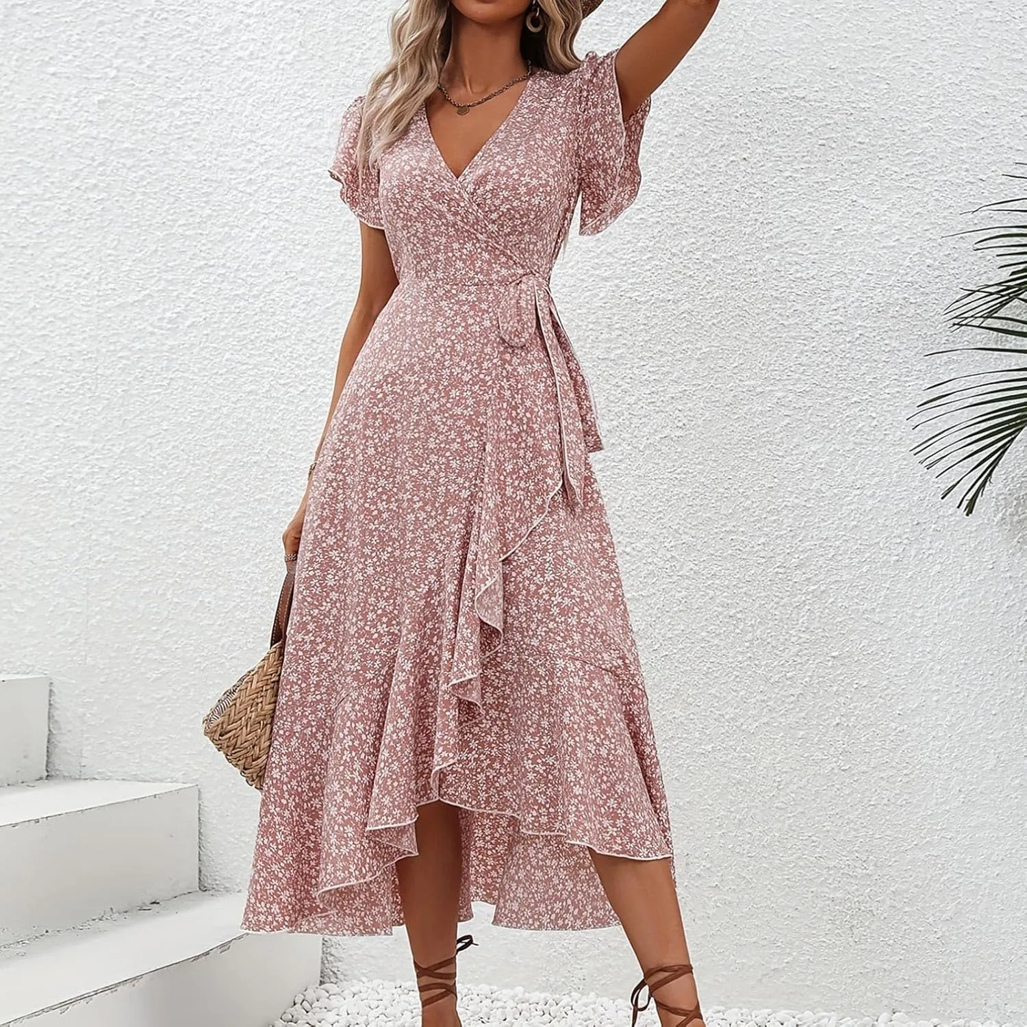 Womens Floral Vacation Dresses Casual Waisted Beach Sundresses Hawaiian Flowy V Neck Dress Ladies Trendy Cute Dress
