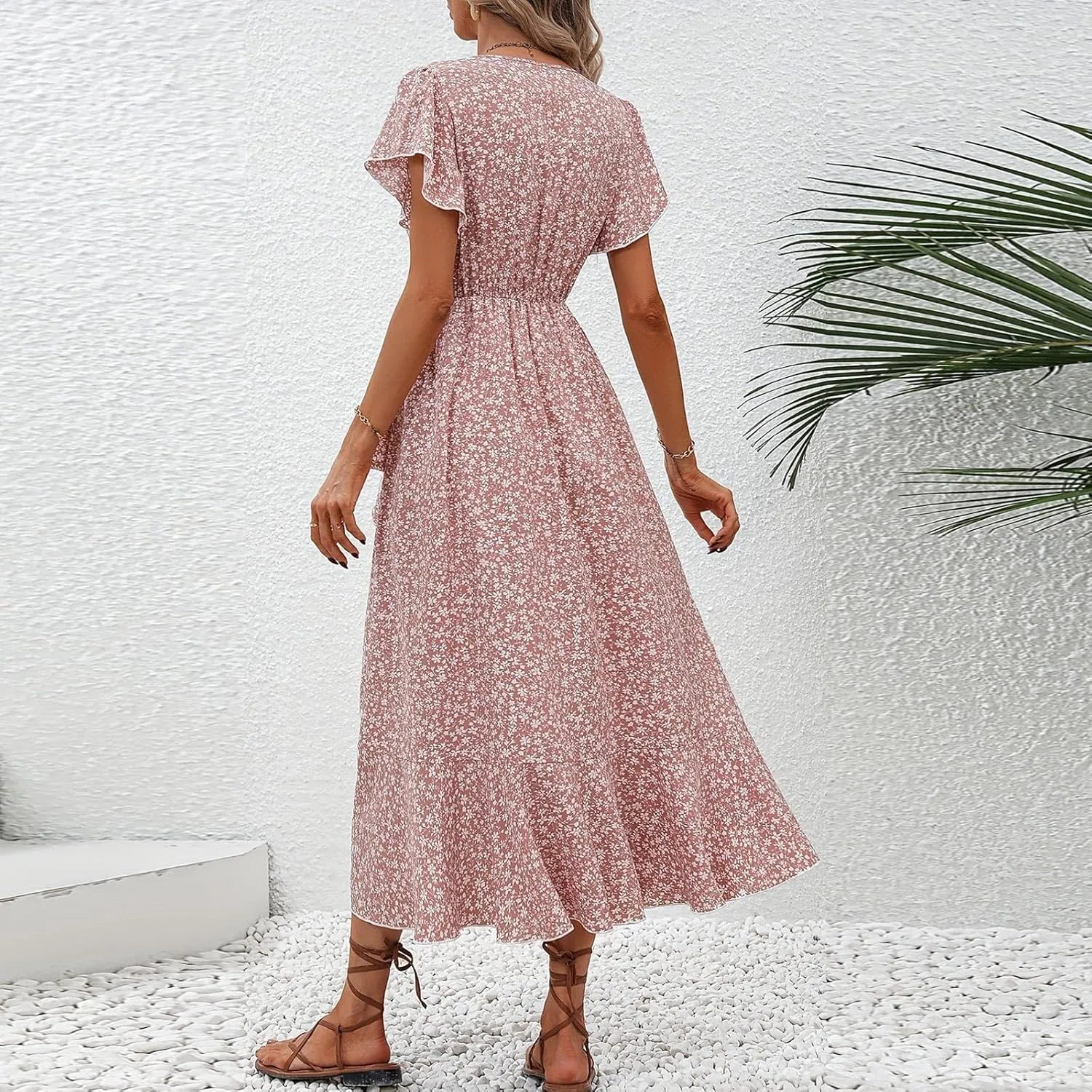 Womens Floral Vacation Dresses Casual Waisted Beach Sundresses Hawaiian Flowy V Neck Dress Ladies Trendy Cute Dress
