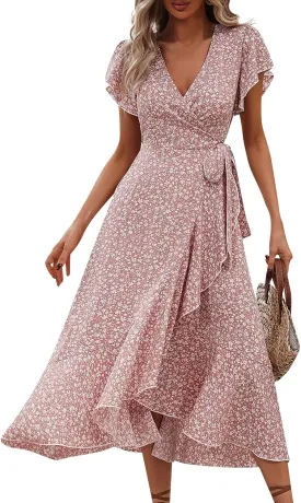 Womens Floral Vacation Dresses Casual Waisted Beach Sundresses Hawaiian Flowy V Neck Dress Ladies Trendy Cute Dress