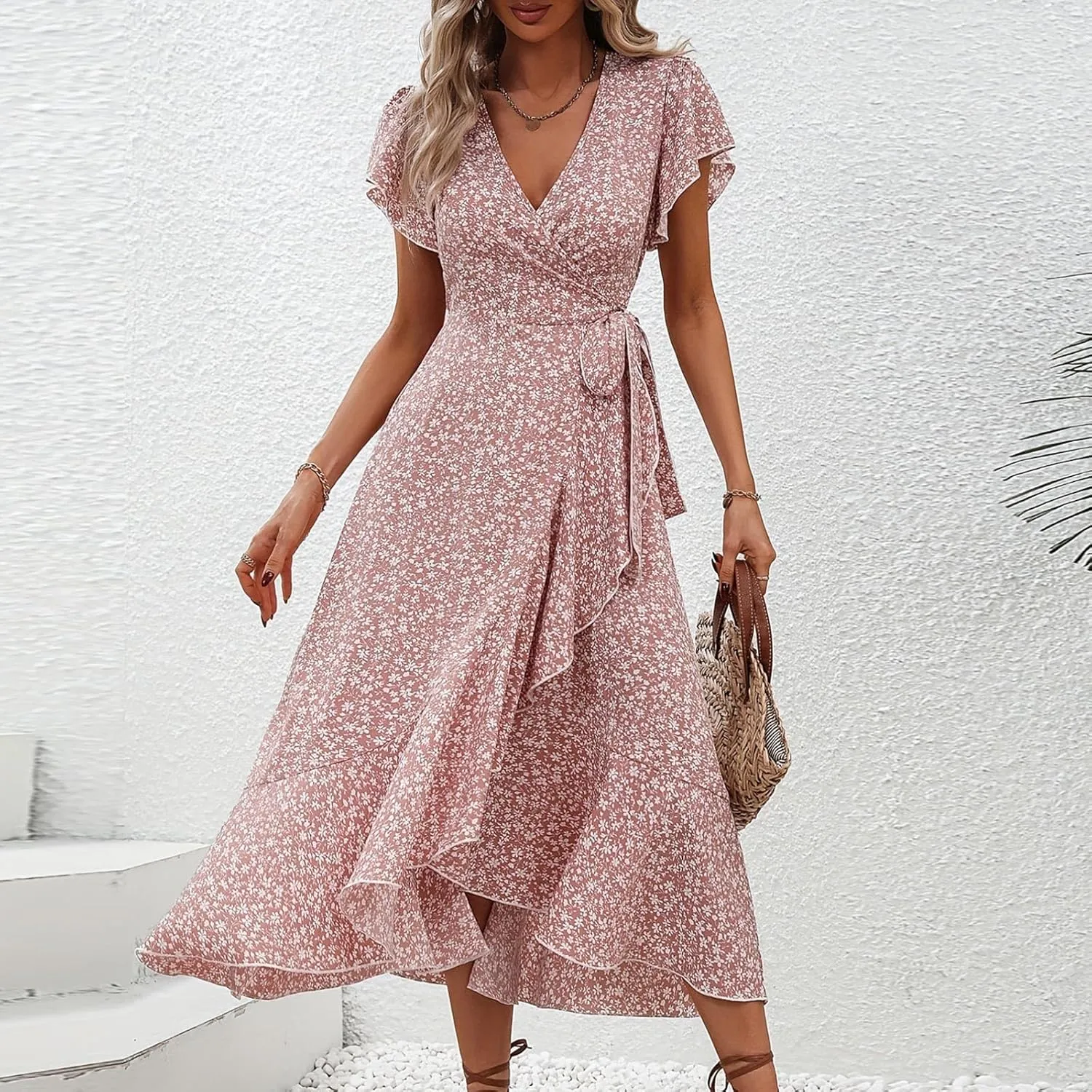 Womens Floral Vacation Dresses Casual Waisted Beach Sundresses Hawaiian Flowy V Neck Dress Ladies Trendy Cute Dress