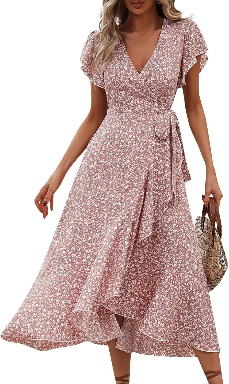 Womens Floral Vacation Dresses Casual Waisted Beach Sundresses Hawaiian Flowy V Neck Dress Ladies Trendy Cute Dress