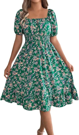 Women's Summer Casual Loose Trendy Sun Dress Square Neck Short Sleeve Floral Print Boho Dresses, S-XL