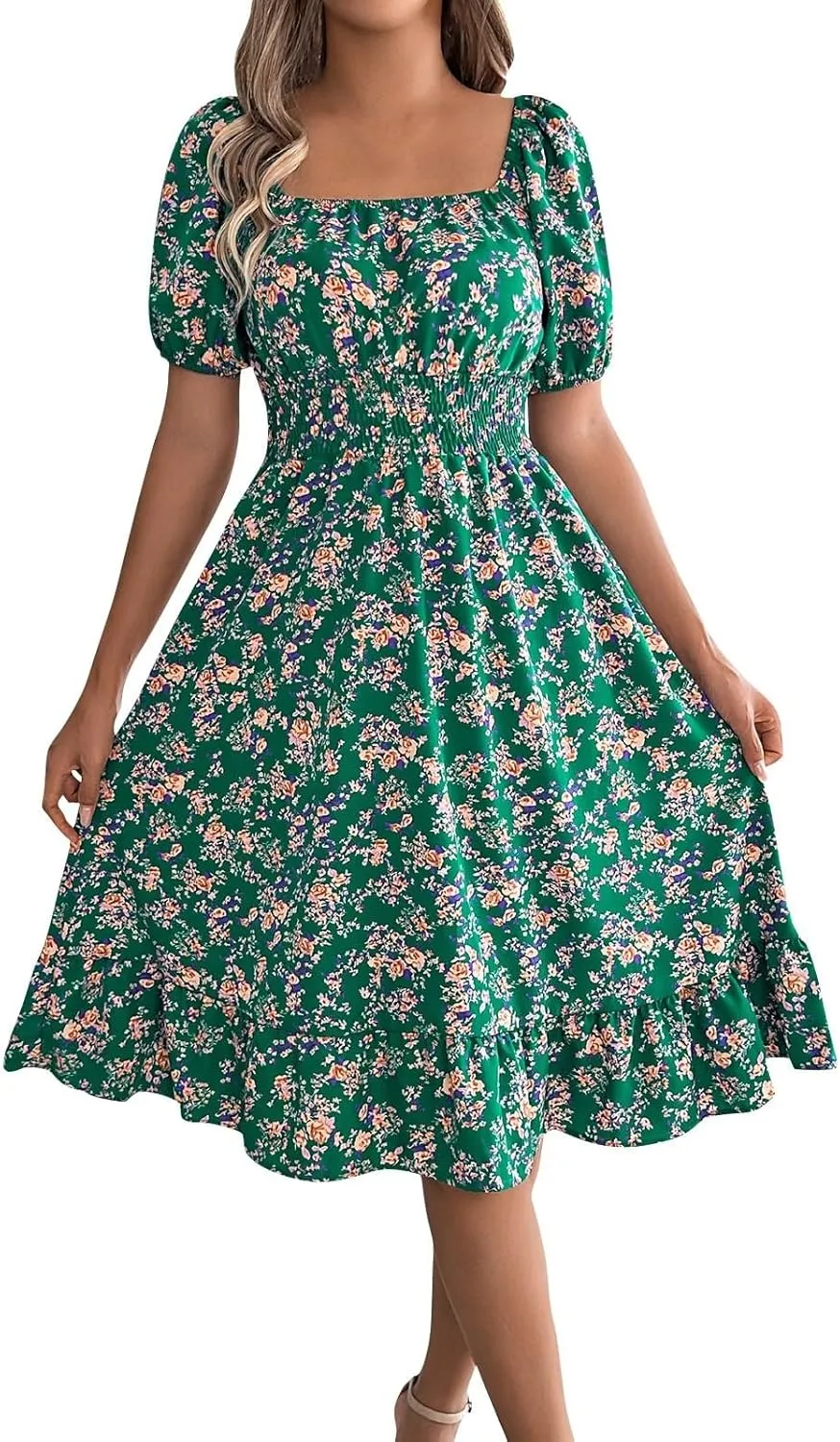 Women's Summer Casual Loose Trendy Sun Dress Square Neck Short Sleeve Floral Print Boho Dresses, S-XL