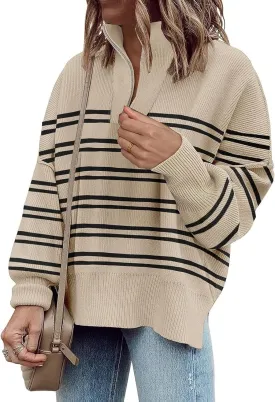 Womens Sweaters Casual Zipper Neck Knit Tops Batwing Sleeve Oversized Sweatshirt Stripes Pullover Sweater Side Split