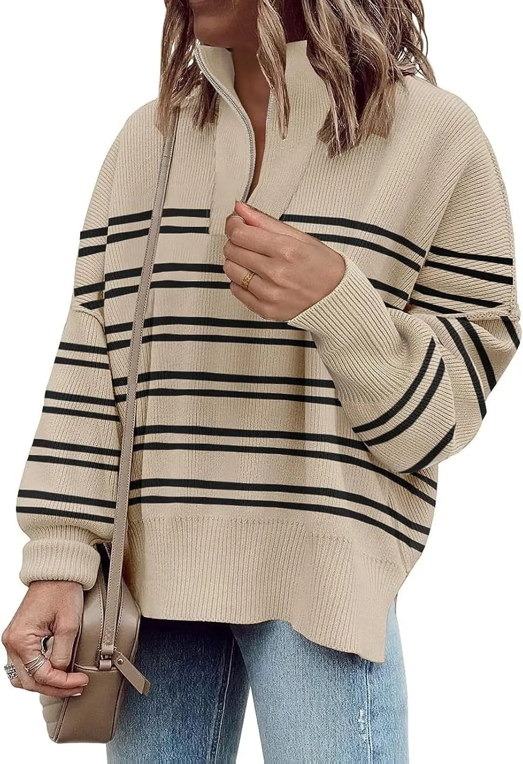 Womens Sweaters Casual Zipper Neck Knit Tops Batwing Sleeve Oversized Sweatshirt Stripes Pullover Sweater Side Split