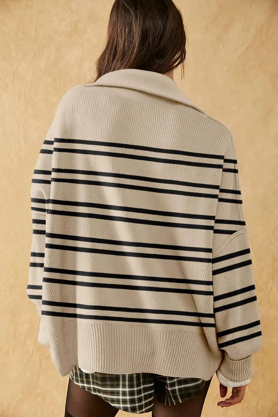 Womens Sweaters Casual Zipper Neck Knit Tops Batwing Sleeve Oversized Sweatshirt Stripes Pullover Sweater Side Split