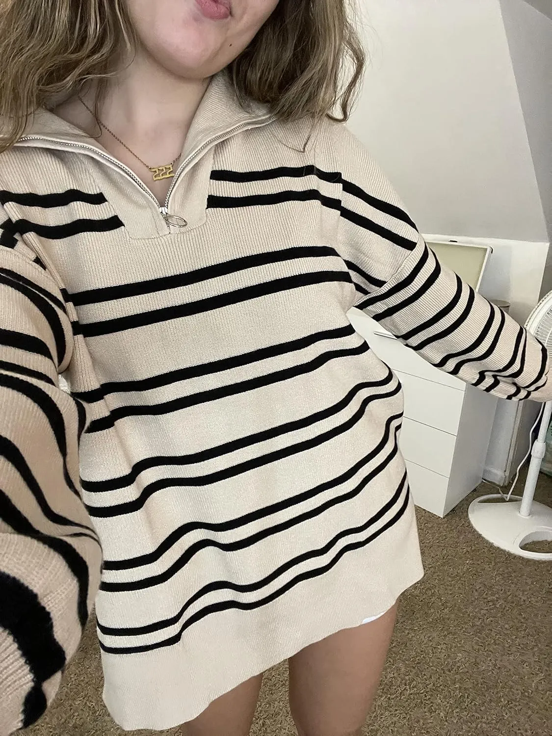 Womens Sweaters Casual Zipper Neck Knit Tops Batwing Sleeve Oversized Sweatshirt Stripes Pullover Sweater Side Split