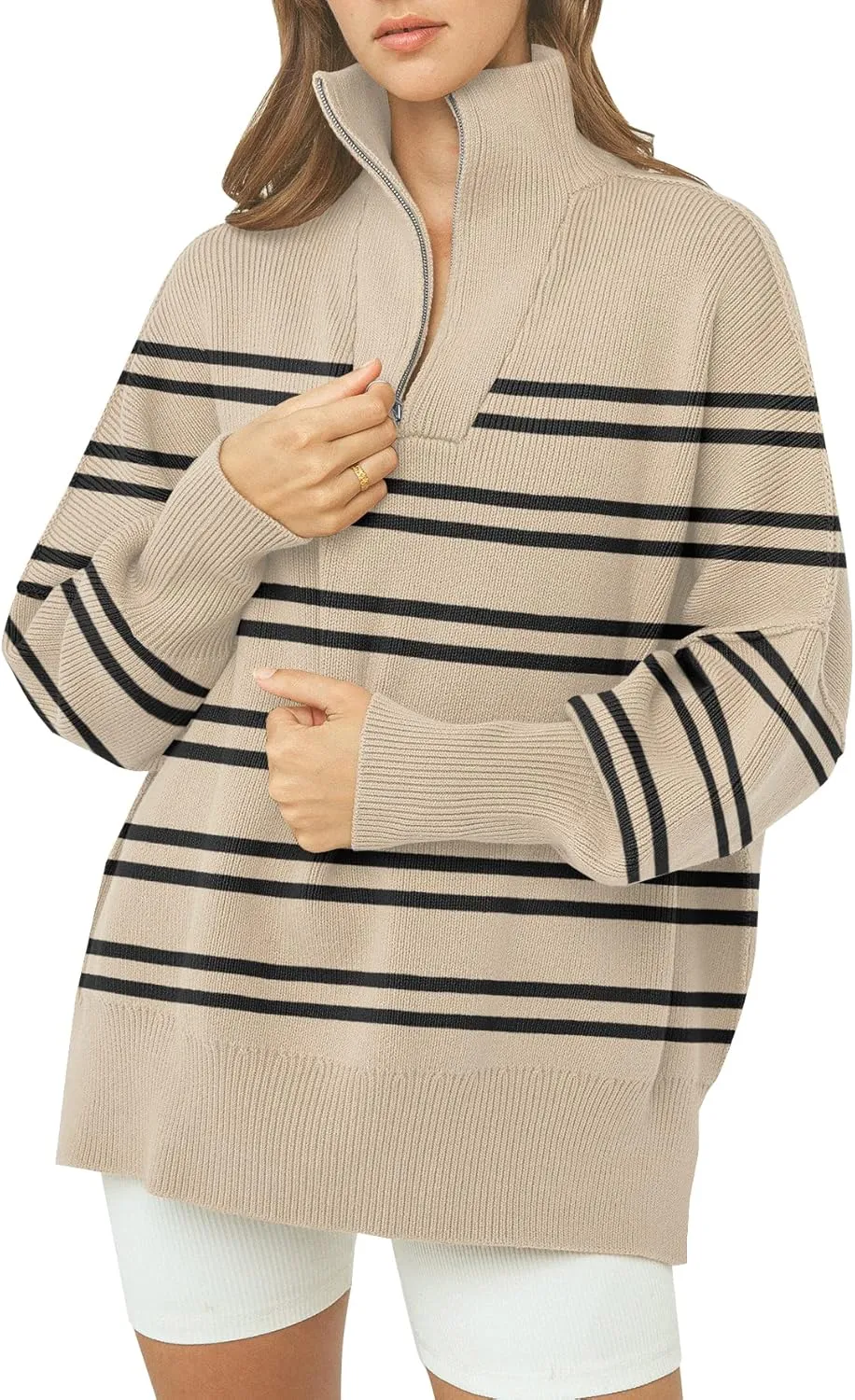 Womens Sweaters Casual Zipper Neck Knit Tops Batwing Sleeve Oversized Sweatshirt Stripes Pullover Sweater Side Split