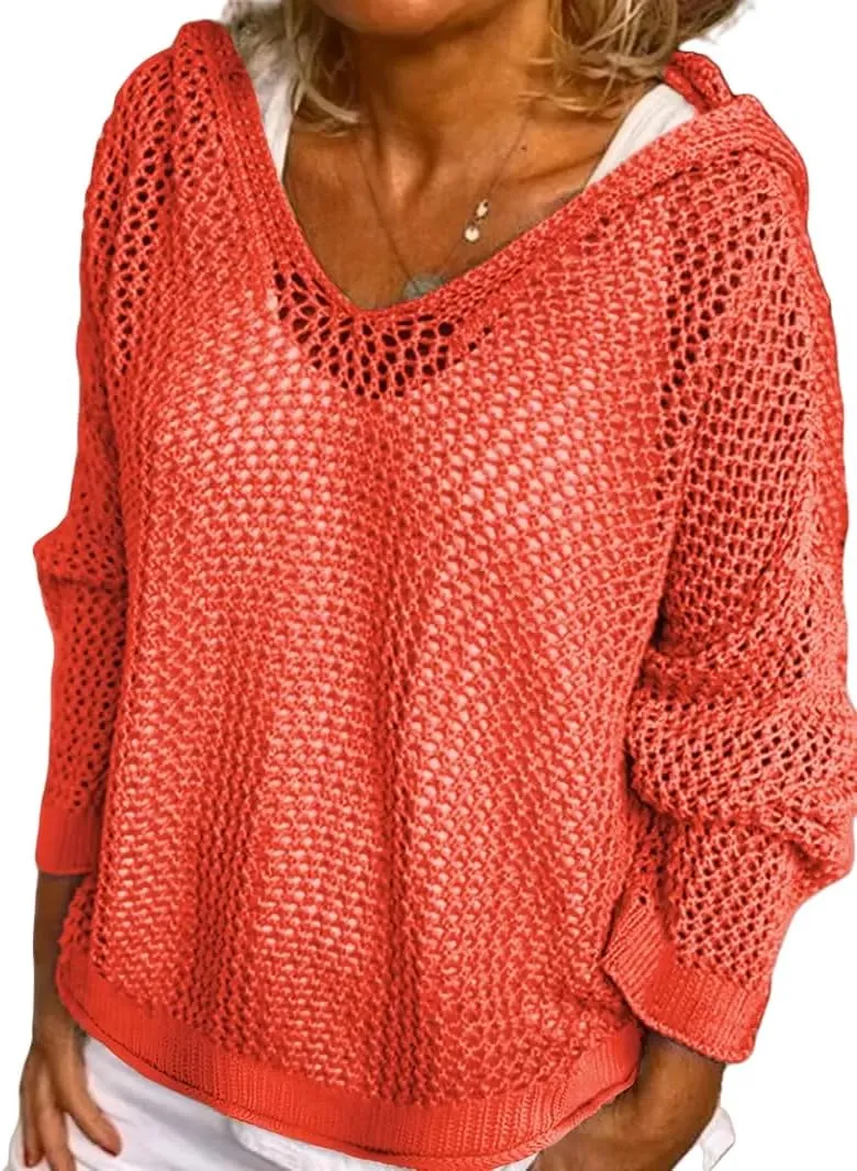 Womens V-Neck Long Sleeve Sweaters, 2025 Spring Crochet Knit Sweaters for Women, Loose Fit Lightweight Blouse, Coral