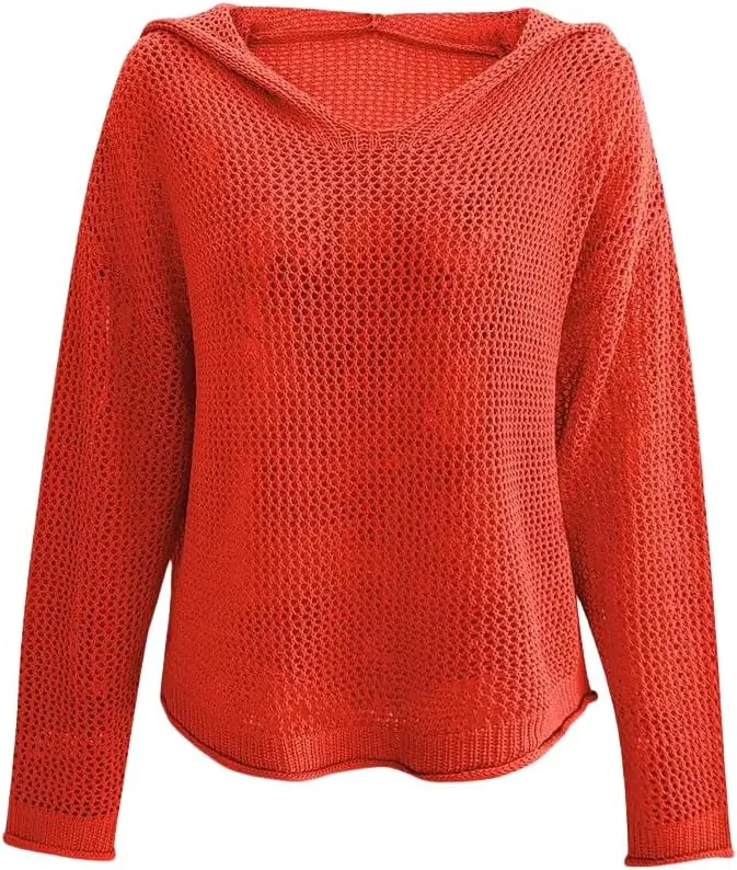 Womens V-Neck Long Sleeve Sweaters, 2025 Spring Crochet Knit Sweaters for Women, Loose Fit Lightweight Blouse, Coral