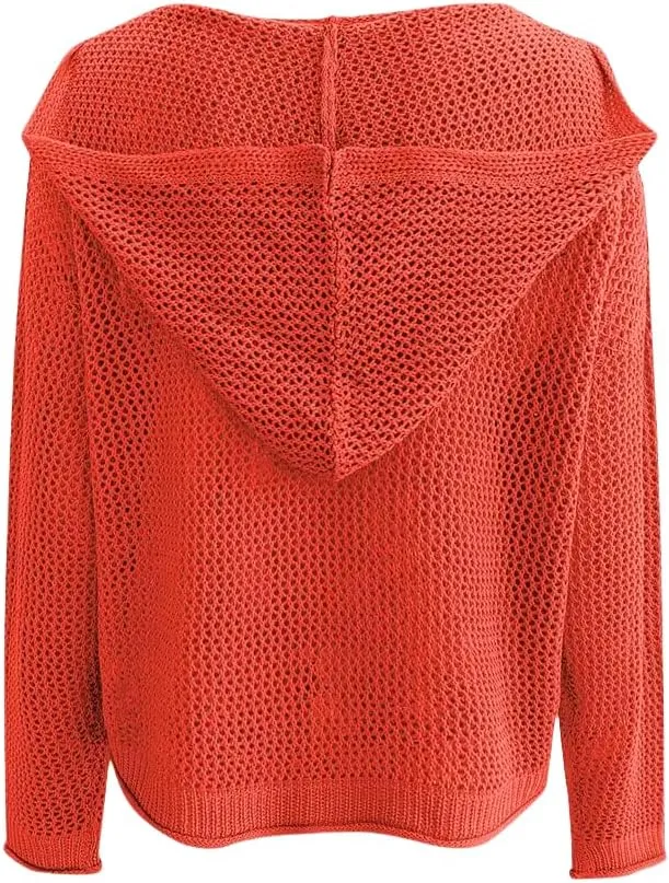 Womens V-Neck Long Sleeve Sweaters, 2025 Spring Crochet Knit Sweaters for Women, Loose Fit Lightweight Blouse, Coral