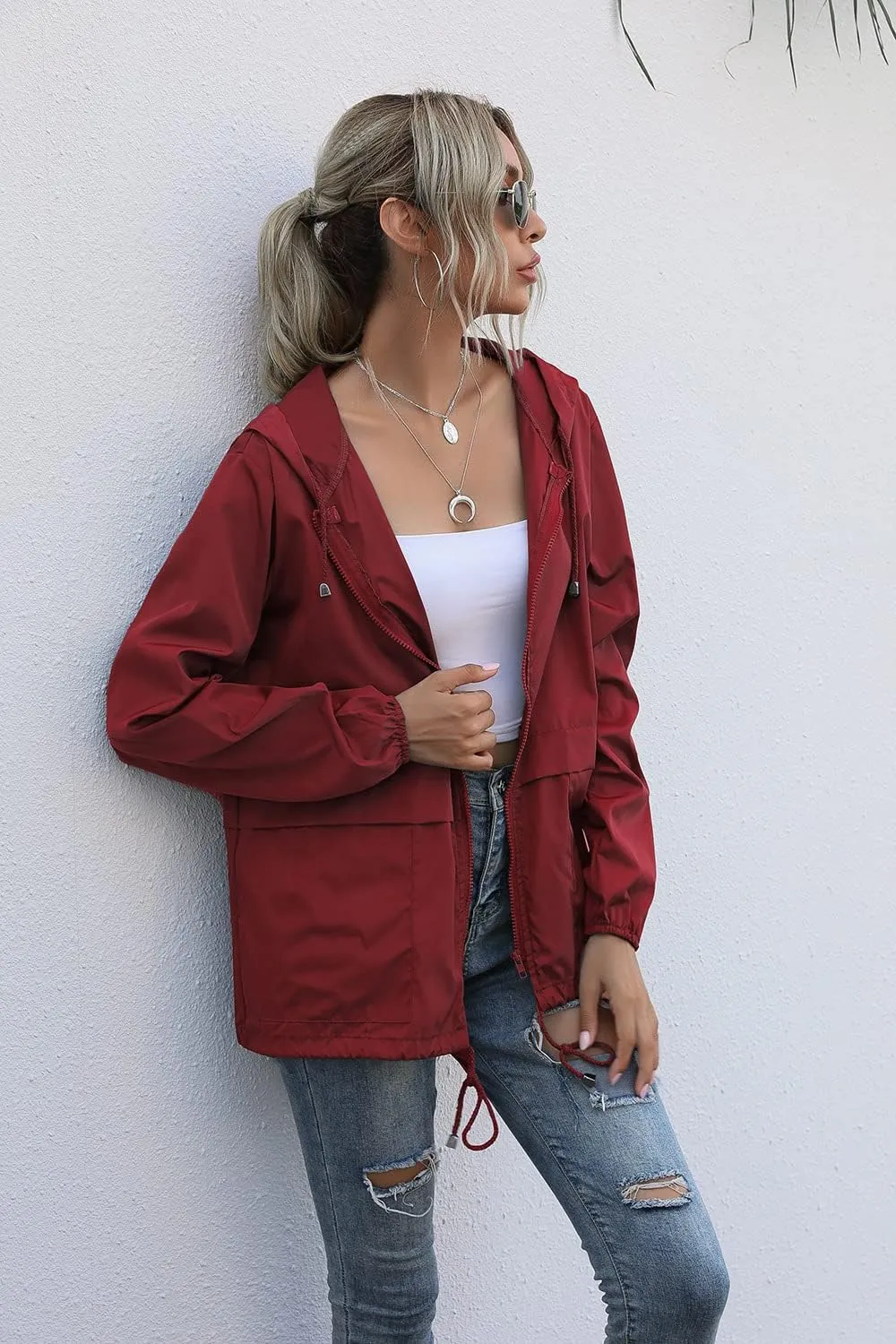 Women's Waterproof Raincoat Lightweight Rain Jacket Hooded Adjustable Windbreaker Rain Coats with Pocket for Outdoor