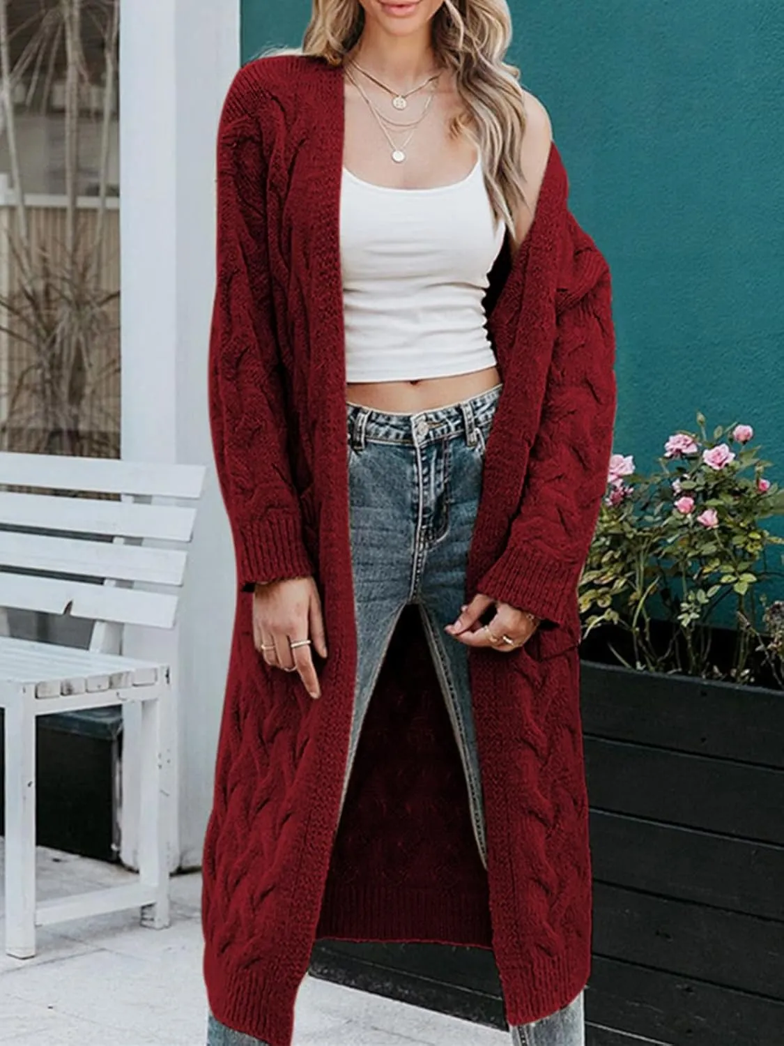 ZIWOCH Women's Long Cardigan Coats Cable Knit Casual Open Front Long Sleeve Loose Sweater with Pockets